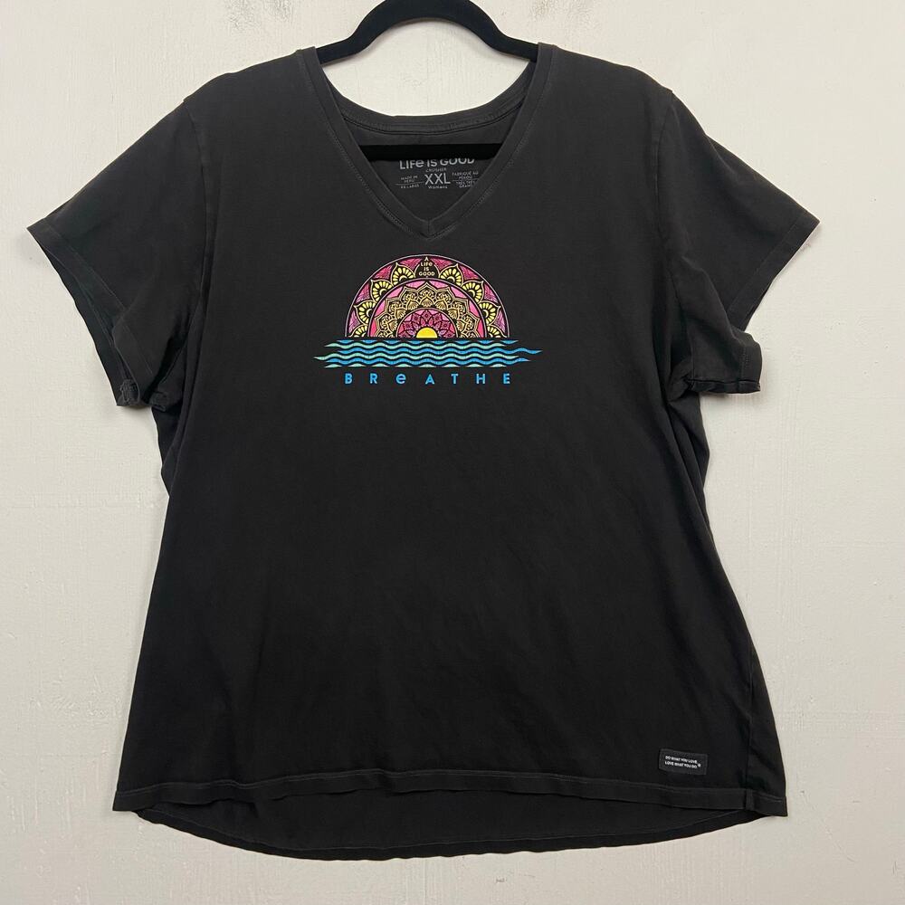 Life is Good Breathe Mandala Black V-neck T-Shirt Tee Top Size XXL